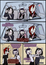 Size: 4961x7012 | Tagged: safe, artist:tenenbris, imported from derpibooru, oc, oc:abel masei, oc:alicia malice, oc:patricia sorg, semi-anthro, unicorn, zebra, comic:things change, :|, bipedal, car, clothes, comic, eyeshadow, magic, makeup, musical instrument, shirt, zebra oc