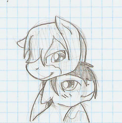 Size: 454x460 | Tagged: safe, artist:ravenpuff, imported from derpibooru, oc, oc only, oc:muujiza, oc:neolith, earth pony, pony, blushing, bust, earth pony oc, gay, graph paper, grayscale, hair over one eye, male, monochrome, nuzzling, oc x oc, shipping, smiling, stallion, traditional art