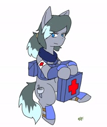 Size: 1734x2048 | Tagged: safe, artist:omegapony16, imported from derpibooru, oc, oc only, oc:oriponi, earth pony, pony, armor, backpack, clothes, earth pony oc, female, mare, medic, red cross, scarf, signature, simple background, smiling, solo, white background