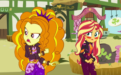 Size: 2400x1500 | Tagged: safe, artist:ktd1993, imported from derpibooru, adagio dazzle, sunset shimmer, equestria girls, equestria girls series, sunset's backstage pass!, spoiler:eqg series (season 2), blushing, bracelet, clothes, female, geode of empathy, headband, jacket, jewelry, leather jacket, lesbian, magical geodes, shipping, spiked headband, spiked wristband, sunsagio, wristband