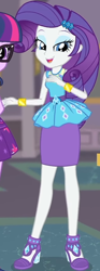 Size: 330x888 | Tagged: safe, imported from derpibooru, screencap, rarity, twilight sparkle, equestria girls, equestria girls series, school of rock, clothes, cropped, cute, dress, female, field trip, geode of shielding, gold, hairclip, high heels, jewelry, lidded eyes, looking down, magical geodes, museum, raribetes, shoes, skirt, sleeveless, smiling, waistband, wrist cuffs