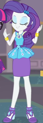 Size: 318x907 | Tagged: safe, imported from derpibooru, screencap, rarity, twilight sparkle, equestria girls, equestria girls series, school of rock, clothes, cropped, cute, diamond, dress, eyes closed, female, field trip, geode of shielding, gold, hairclip, high heels, jewelry, legs, magical geodes, museum, raribetes, rarity peplum dress, shoes, skirt, sleeveless, smiling, waistband, wrist cuffs