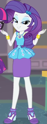 Size: 342x902 | Tagged: safe, imported from derpibooru, screencap, rarity, sci-twi, twilight sparkle, equestria girls, equestria girls series, school of rock, clothes, cropped, cute, diamond, dress, female, field trip, geode of shielding, gold, hairclip, high heels, jewelry, legs, lidded eyes, looking down, magical geodes, museum, raribetes, rarity peplum dress, shoes, shrug, skirt, sleeveless, smiling, waistband, wrist cuffs