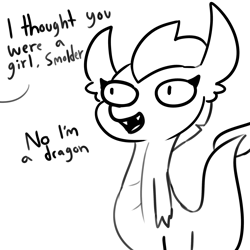 Size: 2250x2250 | Tagged: safe, artist:tjpones, imported from derpibooru, part of a set, smolder, dragon, ambiguous gender, dialogue, female, implied gallus, monochrome, offscreen character, simple background, weird lizzer hole, white background