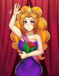 Size: 800x1026 | Tagged: safe, artist:tzc, imported from derpibooru, part of a set, adagio dazzle, human, equestria girls, anime, armpits, bouquet, breasts, busty adagio dazzle, clothes, commission, dress, female, flower, hips, jewelry, purple dress, rose, solo, strapless, tiara, waving, wide hips