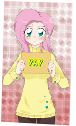 Size: 1037x1713 | Tagged: safe, artist:stalemeat, imported from derpibooru, fluttershy, human, anime, blushing, breasts, busty fluttershy, clothes, cute, cutie mark accessory, cutie mark earrings, female, flutteryay, humanized, nail polish, shyabetes, sign, solo, sweater, sweatershy, yay