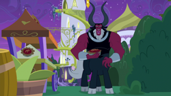 Size: 1920x1080 | Tagged: safe, imported from derpibooru, screencap, lord tirek, centaur, the summer sun setback, cloven hooves, colored hooves, dessert, food, male, nose piercing, nose ring, pie, piercing, pure unfiltered evil, septum piercing, solo