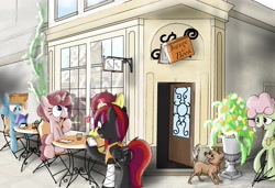 Size: 3660x2498 | Tagged: safe, imported from derpibooru, oc, oc only, oc:night raven, dog, golden retriever, pegasus, pony, unicorn, book, cafe, chair, coffee, coffee mug, corner, drinking, female, flower, male, mare, mug, reading, relaxing, scenery, sitting, stallion, table