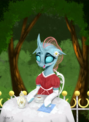 Size: 3250x4500 | Tagged: safe, artist:darksly, imported from derpibooru, ocellus, changedling, changeling, blushing, commission, cute, diaocelles, female, food, solo, tea, tea party