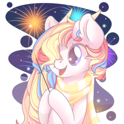 Size: 2100x2100 | Tagged: safe, artist:musicfirewind, artist:wavecipher, imported from derpibooru, oc, oc only, oc:rainbow dreams, pegasus, pony, clothes, female, fireworks, hair over one eye, hoof hold, horn, scarf, simple background, solo, transparent background, ych result