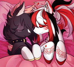 Size: 3194x2894 | Tagged: safe, artist:at2pidor, imported from derpibooru, oc, oc:kaiyo, oc:shōwa, original species, pegasus, pony, suisei pony, bed, blanket, closed species, collar, ear fluff, ear piercing, eyes closed, female, heart, male, mare, oc x oc, piercing, pillow, shipping, sleeping, spiked collar, stallion, straight, ych result