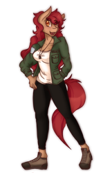 Size: 1242x1920 | Tagged: safe, artist:mscolorsplash, imported from derpibooru, oc, oc only, oc:athena, anthro, earth pony, anthro oc, boots, clothes, commission, female, freckles, looking at you, mare, open mouth, pants, red hair, red mane, red tail, shirt, shoes, signature, simple background, solo, transparent background