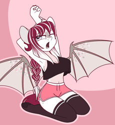 Size: 1400x1520 | Tagged: safe, artist:dativyrose, artist:sweetfilthyfun, imported from derpibooru, oc, oc only, oc:alice rose, anthro, bat pony, unguligrade anthro, anthro oc, armpits, belly button, breasts, cleavage, clothes, female, midriff, one eye closed, short shirt, shorts, socks, solo, stockings, stretching, thigh highs, yawn