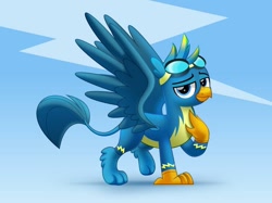 Size: 800x597 | Tagged: safe, artist:jhayarr23, imported from derpibooru, gallus, griffon, abstract background, blue background, clothes, goggles, lightning, looking at you, male, simple background, solo, uniform, wonderbolts uniform