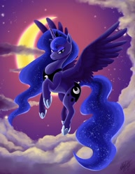 Size: 1280x1657 | Tagged: safe, artist:millyd13, imported from derpibooru, princess luna, alicorn, pony, blue eyes, blue mane, blue tail, cloud, concave belly, crepuscular rays, crescent moon, crown, digital art, ethereal mane, ethereal tail, eyeshadow, feather, female, flowing mane, flowing tail, flying, hoof shoes, horn, jewelry, lidded eyes, long mane, long tail, looking at you, makeup, mare, moon, moonlight, night, peytral, princess shoes, regalia, repaint, signature, sky, smiling, smiling at you, solo, sparkles, spread wings, starry mane, starry tail, stars, tail, wings