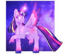 Size: 1377x1200 | Tagged: safe, artist:sensh-ii, imported from derpibooru, twilight sparkle, alicorn, pony, cloven hooves, colored hooves, colored wings, colored wingtips, female, galaxy, glowing horn, horn, mare, multicolored hair, rainbow power, raised hoof, signature, smiling, solo, space, speedpaint available, spread wings, twilight sparkle (alicorn), unshorn fetlocks, wings