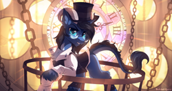 Size: 2300x1217 | Tagged: safe, artist:redchetgreen, imported from derpibooru, oc, oc only, oc:zephyr tone, original species, pony, clock, clothes, cute, glasses, handsome, hat, leonine tail, longmoran, looking at you, male, solo, suit, top hat, unshorn fetlocks