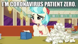 Size: 1920x1080 | Tagged: safe, edit, edited screencap, editor:useraccount, imported from derpibooru, screencap, coco pommel, pony, the saddle row review, caption, coronavirus, covid-19, female, image macro, patient zero, red nosed, sick, solo, text, tissue, tissue box