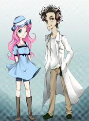 Size: 640x875 | Tagged: safe, artist:sansdy, imported from derpibooru, discord, fluttershy, human, anime style, humanized, mad scientist, mayuri shiina, okabe rintarou, steins;gate, this will end in tears