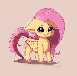 Size: 3237x3212 | Tagged: safe, artist:miokomata, imported from derpibooru, fluttershy, pegasus, pony, blushing, chest fluff, colored hooves, cute, dock, female, floppy ears, freckles, freckleshy, looking at you, mare, shyabetes, signature, simple background, smiling, smol, solo