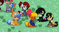 Size: 720x392 | Tagged: safe, imported from derpibooru, screencap, oc, oc only, alicorn, earth pony, pegasus, pony, unicorn, pony town, clothes, clover, cute, eyes closed, game screencap, grass, group photo, hat, heterochromia, sitting, socks, striped socks, sweater