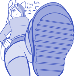 Size: 4000x4000 | Tagged: safe, artist:mrrowboat, imported from derpibooru, oc, oc:golden age, anthro, unicorn, boots, clothes, macro, monochrome, shoes, solo, stomp, sweater