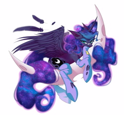 Size: 5000x4685 | Tagged: safe, artist:jun1313, imported from derpibooru, princess luna, alicorn, pony, absurd resolution, beautiful, butt, clothes, crescent moon, cute, cutie mark, ethereal mane, ethereal tail, feather, female, flowing mane, flowing tail, lunabetes, mare, moon, moonbutt, plot, praise the moon, simple background, socks, solo, starry mane, starry tail, stupid sexy luna, stupid sexy princess luna, torn clothes, white background, wings