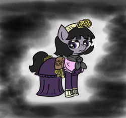 Size: 640x600 | Tagged: safe, artist:ficficponyfic, imported from derpibooru, part of a set, oc, oc only, oc:mulberry telltale, pony, cyoa:madness in mournthread, boots, clothes, colored, cyoa, despondent, dress, eyeshadow, female, flower, headband, makeup, mare, monochrome, mystery, neckerchief, part of a series, pointy nose, sad, satchel, scarf, shoes, simple background, solo, story included, tail wrap