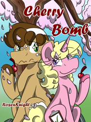 Size: 1500x2000 | Tagged: safe, artist:rosexknight, imported from derpibooru, oc, oc:short fry, oc:whip up, earth pony, unicorn, comic:cherry bomb, cherry, cherry blossoms, comic cover, female, flower, flower blossom, food, lidded eyes, male, tree, whort