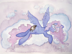 Size: 4032x3024 | Tagged: safe, artist:papersurgery, imported from derpibooru, princess luna, alicorn, pony, cloud, female, looking at you, lying down, lying on a cloud, mare, on a cloud, solo, traditional art, watercolor painting