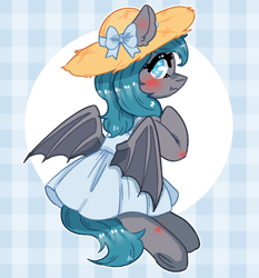 Size: 878x941 | Tagged: safe, artist:rednineuwu, imported from derpibooru, oc, oc only, oc:midnight dagger, bat pony, pony, clothes, cute, dress, hat, looking at you, solo, straw hat, sundress