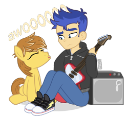 Size: 975x900 | Tagged: safe, artist:dm29, imported from derpibooru, feather bangs, flash sentry, earth pony, pony, equestria girls, awoo, behaving like a dog, converse, guitar, musical instrument, shoes, simple background, transparent background, vincent tong, voice actor joke