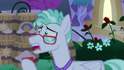 Size: 1920x1080 | Tagged: safe, imported from derpibooru, screencap, feather flatterfly, pegasus, pony, the summer sun setback, anxious, barrel, bush, canterlot, card, flower, folded wings, glasses, hoof hold, looking at someone, male, necktie, night, open mouth, rose, solo, stallion, wings