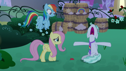 Size: 1920x1080 | Tagged: safe, imported from derpibooru, screencap, feather flatterfly, fluttershy, rainbow dash, pegasus, pony, the summer sun setback, anxious, barrel, female, flower, male, mare, necktie, open mouth, rose, stallion