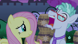 Size: 1920x1080 | Tagged: safe, imported from derpibooru, screencap, feather flatterfly, fluttershy, pegasus, pony, the summer sun setback, anxious, barrel, bush, canterlot, cute, faic, female, folded wings, glasses, grin, gums, male, mare, necktie, night, open mouth, shyabetes, side view, smiling, stallion, wings