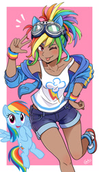 Size: 1779x3064 | Tagged: safe, artist:galois, imported from derpibooru, kotobukiya, rainbow dash, human, pegasus, pony, anime, armpits, backwards cutie mark, clothes, cute, dark skin, dashabetes, goggles, human ponidox, humanized, jacket, kotobukiya rainbow dash, one eye closed, self ponidox, shorts, tanktop, wink