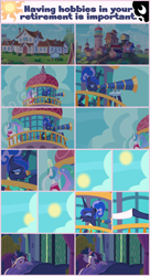 Size: 1280x2350 | Tagged: safe, artist:phucknuckl, imported from derpibooru, princess celestia, princess luna, twilight sparkle, alicorn, pony, between dark and dawn, alternate hairstyle, bed, female, floppy ears, mare, messy mane, open mouth, royal sisters, seaward shoals, silver stable community, sleeping, sun, telescope, twilight sparkle (alicorn)
