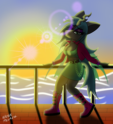 Size: 3200x3500 | Tagged: safe, artist:revazul, imported from derpibooru, queen chrysalis, anthro, changeling, changeling queen, beautisexy, belt, boots, breasts, cleavage, clothes, eyeliner, eyeshadow, female, horn, lens flare, makeup, miniskirt, ocean, shoes, skirt, solo, sunset, wings