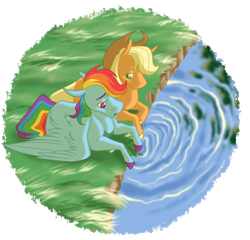 Size: 2278x2190 | Tagged: safe, artist:parrpitched, imported from derpibooru, applejack, rainbow dash, pony, appledash, female, lesbian, prone, shipping, story included, water