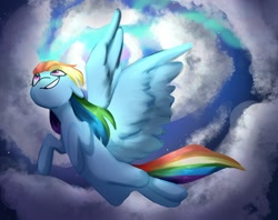 Size: 1280x1014 | Tagged: safe, artist:mickearts, imported from derpibooru, rainbow dash, pegasus, pony, cloud, female, flying, mare, sky, smiling, solo, spread wings, wings