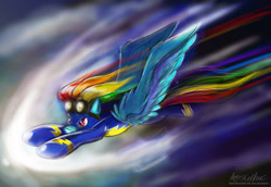 Size: 2954x2031 | Tagged: safe, artist:mad--munchkin, imported from derpibooru, rainbow dash, pegasus, pony, badass, clothes, epic, fast, female, flying, lightning, mare, redraw, sky, solo, sonic rainboom, spread wings, uniform, wings, wonderbolts uniform