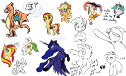 Size: 2000x1200 | Tagged: safe, artist:flynnmlp, artist:shinycyan, imported from derpibooru, applejack, captain celaeno, princess luna, rarity, spike, sunset shimmer, alicorn, charizard, dragon, parasprite, pony, unicorn, my little pony: the movie, aggie.io, alternate hairstyle, armpit hair, armpits, bacon pony, bag, belly button, breasts, butt, collaboration, colored, dab, doodle, jewelry, link, moonbutt, pokémon, punk, raripunk, regalia, saddle bag, simple background, the legend of zelda, vulgar, white background, winged spike, wings