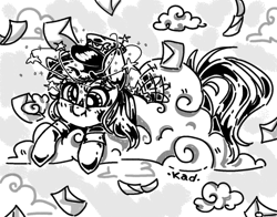 Size: 1400x1100 | Tagged: safe, artist:madkadd, imported from derpibooru, derpy hooves, pegasus, pony, circling stars, clothes, cloud, dizzy, female, grayscale, hat, letter, mailmare, mailmare hat, mailmare uniform, monochrome, solo, stuck, stuck in a cloud