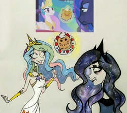 Size: 2981x2652 | Tagged: safe, artist:citi, imported from derpibooru, princess celestia, princess luna, human, a royal problem, bags under eyes, cute, cutelestia, eye clipping through hair, eyebrows, eyebrows visible through hair, food, grumpy luna, humanized, magic, pancakes, royal sisters, scene interpretation, screencap reference, starry hair, telekinesis, traditional art