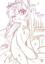 Size: 894x1280 | Tagged: safe, artist:swaybat, imported from derpibooru, oc, oc only, pony, unicorn, birthday cake, bowtie, cake, candle, food, monochrome, solo