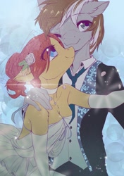 Size: 899x1280 | Tagged: safe, artist:swaybat, imported from derpibooru, oc, oc only, oc:文汐, oc:斑仔, anthro, anthro oc, armpits, choker, clothes, dress, evening gloves, female, flower, flower in hair, gloves, long gloves, male, mare, necktie, oc x oc, shipping, stallion, straight, suit, wedding dress, wedding veil