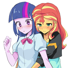 Size: 377x347 | Tagged: artist needed, source needed, safe, artist:gamefreakdx, imported from derpibooru, sunset shimmer, twilight sparkle, equestria girls, anime, blushing, clothes, cute, duo, female, hug, hug from behind, jacket, leather jacket, lesbian, looking down, shimmerbetes, shipping, sunsetsparkle, twiabetes