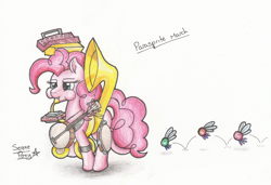 Size: 2433x1661 | Tagged: safe, artist:serenepony, imported from derpibooru, pinkie pie, earth pony, parasprite, pony, swarm of the century, accordion, banjo, bouncing, cymbals, female, harmonica, looking forward, mare, musical instrument, one man band, one-pony band, simple background, solo, sousaphone, tambourine, traditional art
