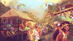 Size: 2000x1125 | Tagged: safe, artist:amura-of-jupiter, artist:tiothebeetle, imported from derpibooru, gilda, powder, saffron masala, scootaloo, somnambula, sunshower raindrops, tree hugger, oc, earth pony, griffon, kirin, pegasus, pony, unicorn, album cover, bandana, bribing, building, canopy, churchkhela, clothes, color powder, confetti, cutie mark, dancing, depth of field, dress, ear piercing, earring, feather, female, fence, festival, filly, flying, food, generic pony, jewelry, lots of characters, male, market, marketplace, mountain, necklace, outdoors, pagoda, piercing, pointing, romani, scenery, scootaloo can fly, shirt, signature, skirt, sky, smiling, stairs, wallpaper