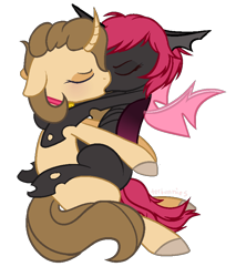 Size: 737x865 | Tagged: safe, artist:unichan, imported from derpibooru, oc, oc only, oc:coffee bean, changeling, unicorn, female, hug, kissing, lesbian, pink changeling, simple background, transparent background, wings